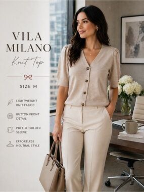 Vila Milano Beige Button Front Knit Top Puff Sleeve Size M
